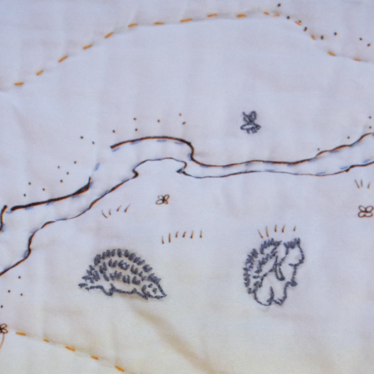 details on the embroidered hedgehogs on the Hundred Acre Wood map