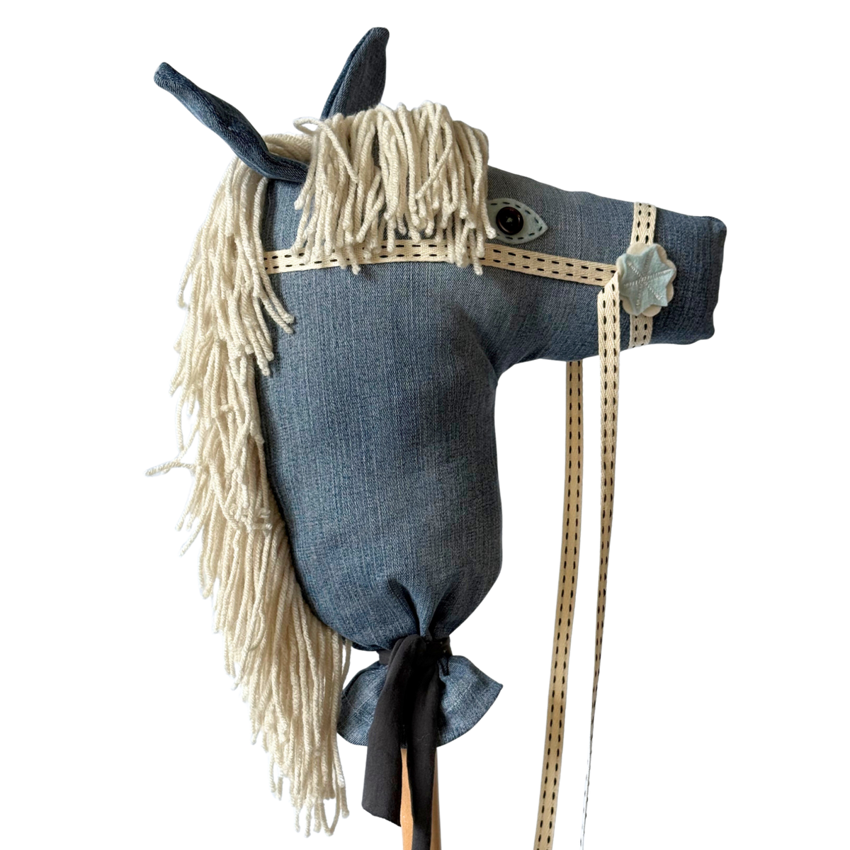 denim hobby horse with white mane